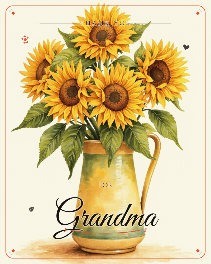 A cluster of large sunflowers with dark brown centres fills a rustic yellow-and-green pitcher, their broad leaves spilling over the rim, a thankyou e-card design