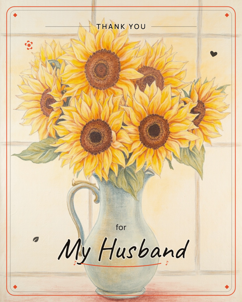 A pale blue-green ceramic pitcher holds a lush bouquet of sunflowers, their brown centres and golden petals layered thickly against a soft cream tiled…, a thankyou e-card design