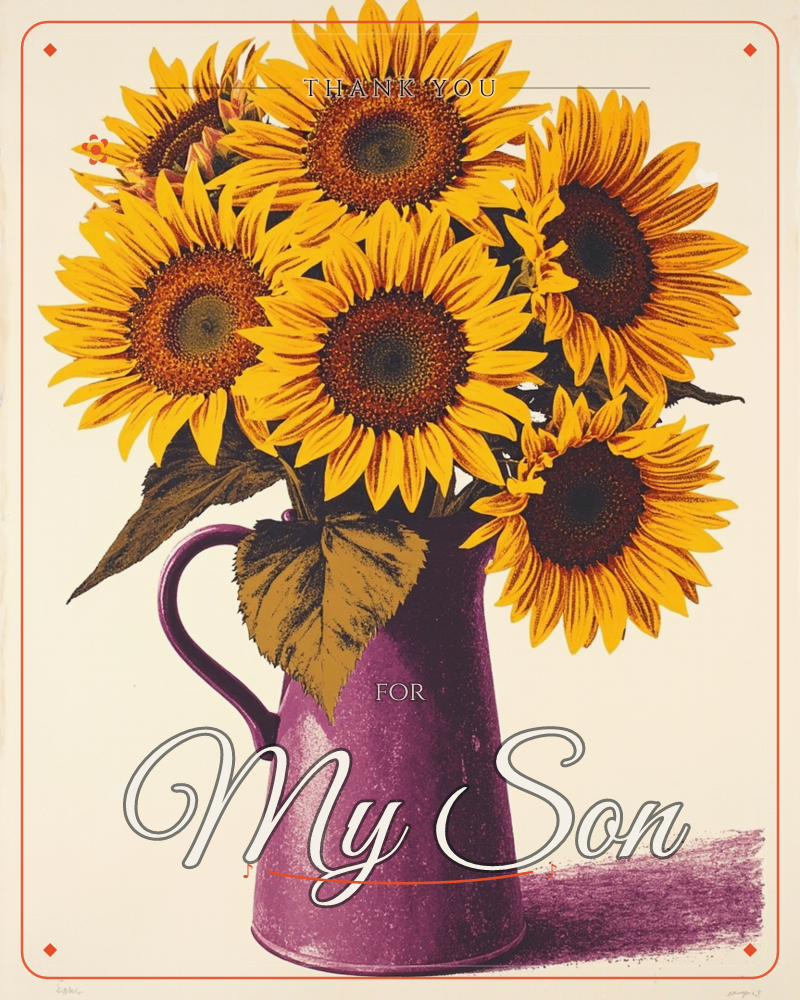 A cluster of large sunflowers, their brown centres ringed with golden petals, spills from a tall purple pitcher against a plain cream background, a thankyou e-card design