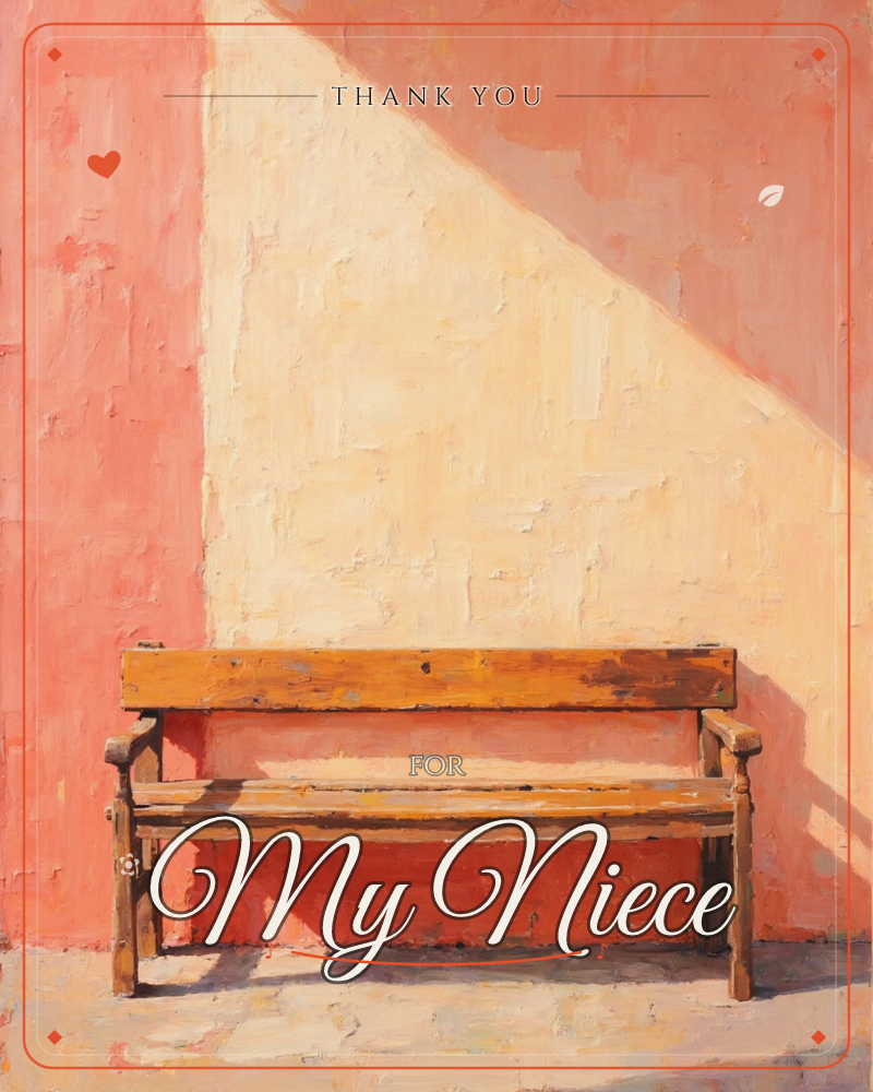 A weathered wooden bench sits empty against a sun-warmed terracotta wall, cut diagonally by a sharp triangle of pale light and shadow, a thankyou e-card design