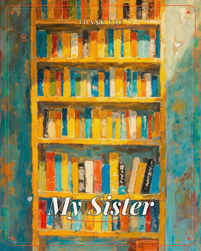 A tall wooden bookshelf packed with colourful books stands against a teal wall, painted in thick, textured strokes, a thankyou e-card design