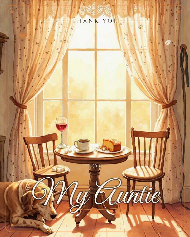 Golden afternoon light through lace curtains, a small wooden table set with wine, coffee, and cake, a dog resting on sunlit floorboards in a warm…, a thankyou e-card design