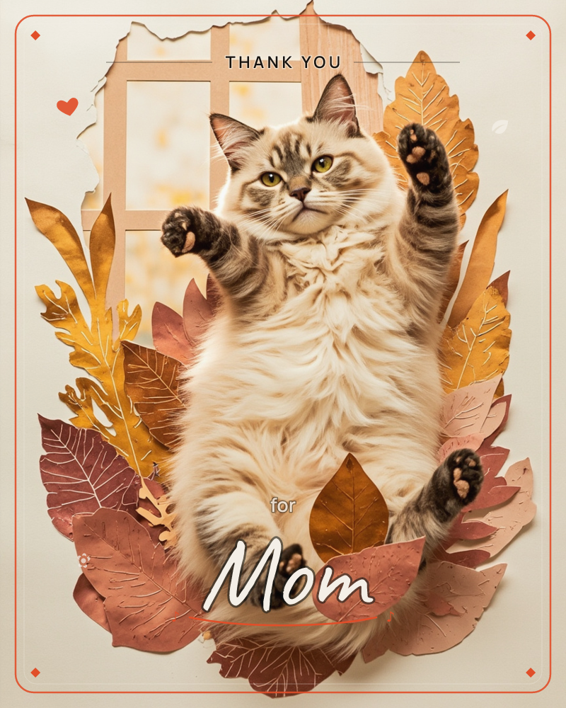 A fluffy cream and grey cat sprawls on its back with paws stretched up and out, surrounded by a burst of paper-cut autumn leaves in copper, gold and…, a thankyou e-card design