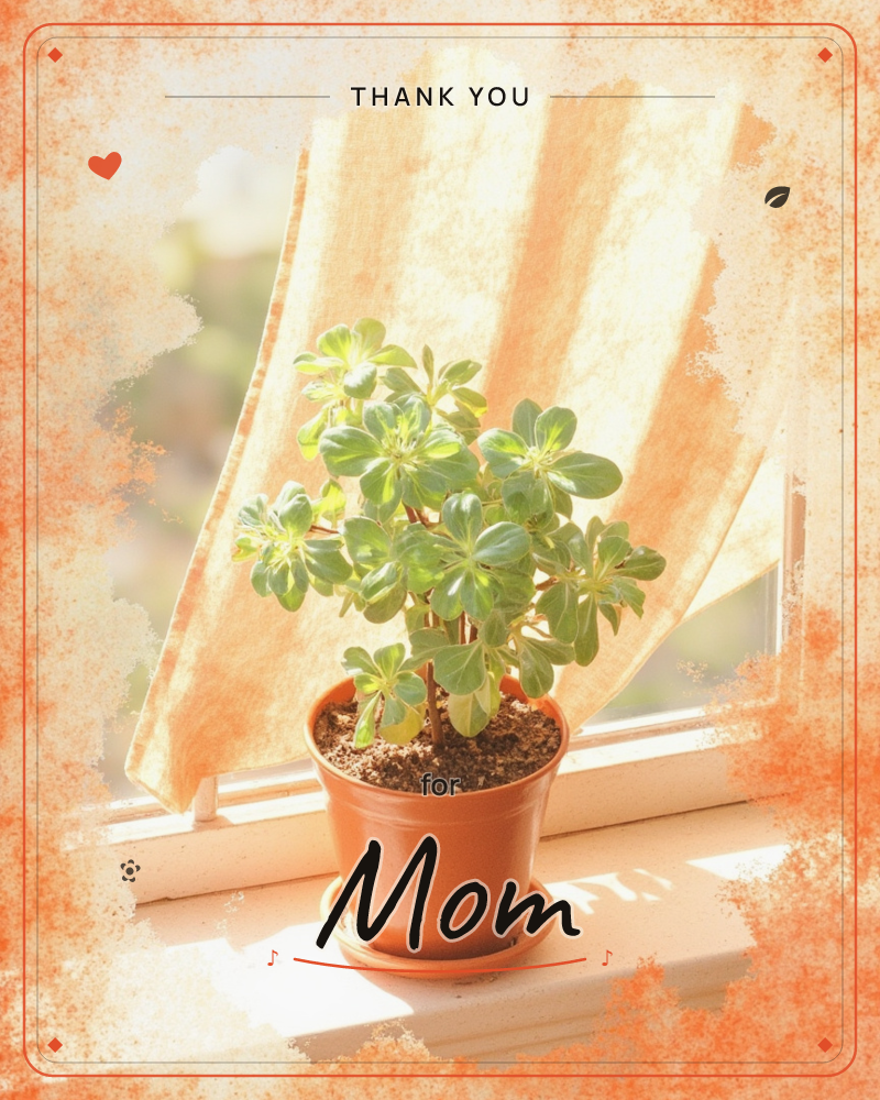 A potted plant with rounded green leaves sits on a sunlit windowsill, a striped cream curtain pulled aside to let the light in, a thankyou e-card design