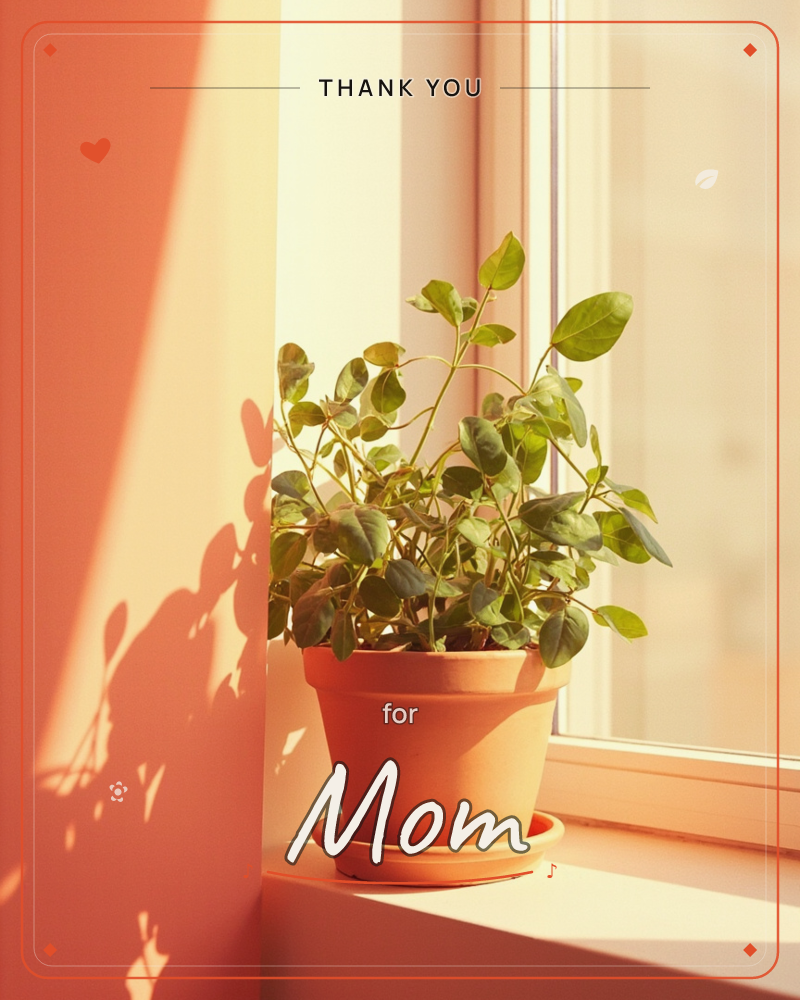 A leafy houseplant sits in a terracotta pot on a sunlit windowsill, its shadow stretching in delicate lace-like patterns across the warm peach wall…, a thankyou e-card design