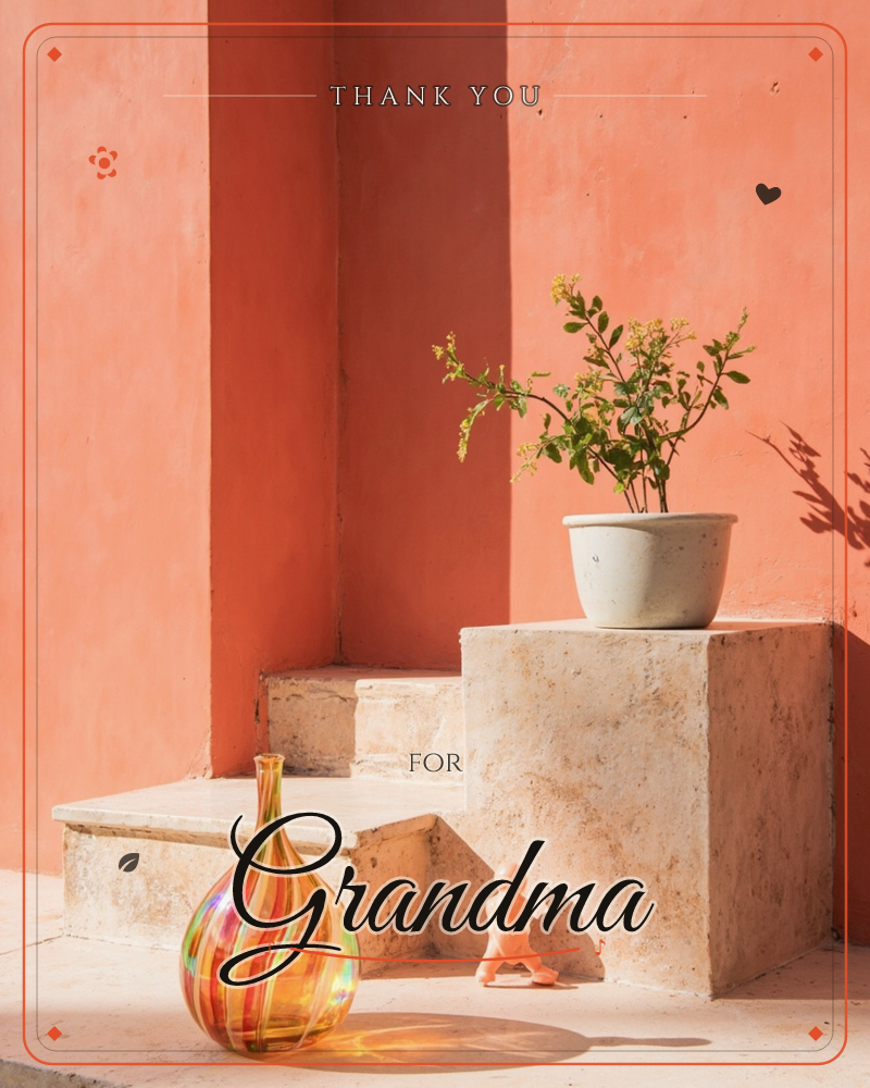 A sun-washed terracotta courtyard with pale stone steps holds a potted green shrub, a swirled glass vase glowing amber and gold in the light, and a…, a thankyou e-card design