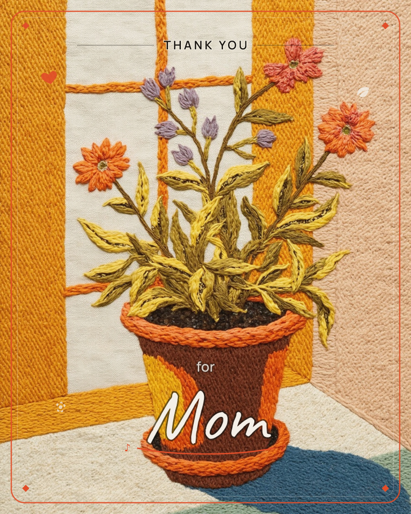 A textured embroidery-style illustration of a potted plant sitting beside a sunlit window with orange-framed panes, set against a warm peach wall, a thankyou e-card design