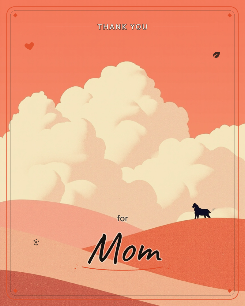 A lone dog stands silhouetted atop a rolling coral-colored dune, gazing out beneath a towering bank of soft cream clouds against a warm orange sky, a thankyou e-card design