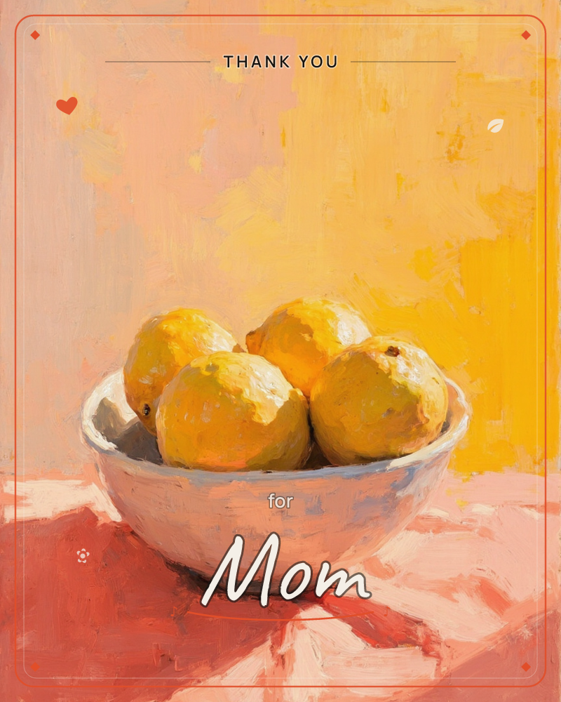 A white bowl of lemons sits on a coral-pink tablecloth against a warm wall painted in blocks of peach and mustard yellow, a thankyou e-card design