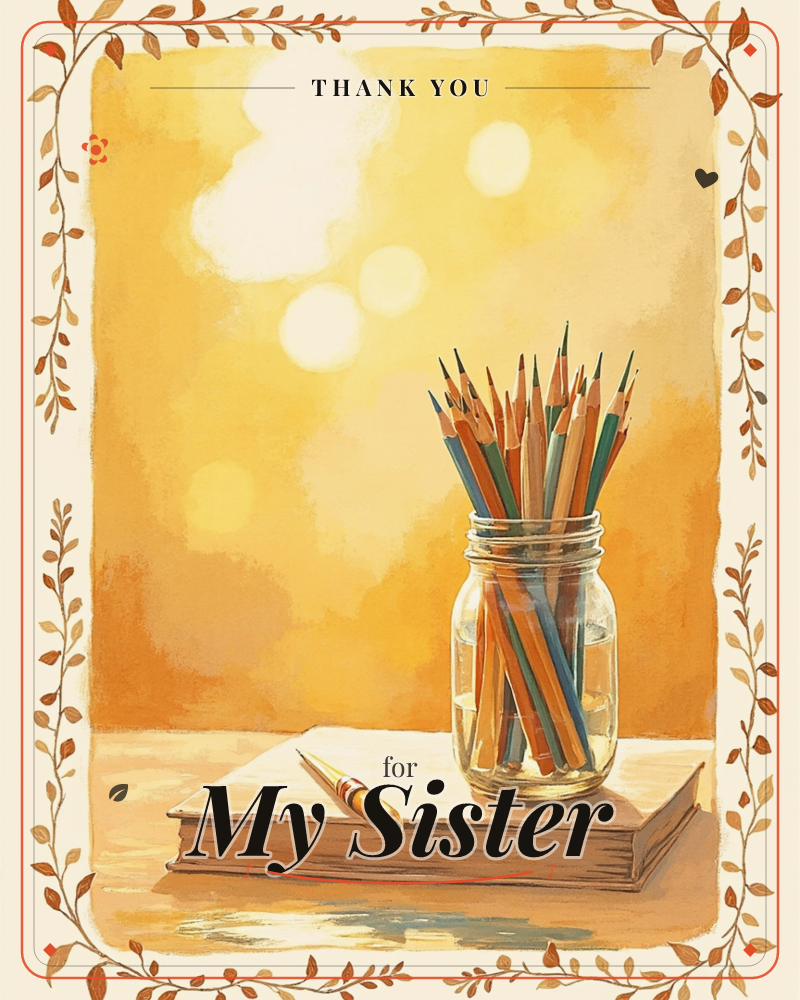 A glass mason jar crowded with colored pencils sits atop a closed hardcover book, one loose pencil resting beside it on the cover, a thankyou e-card design