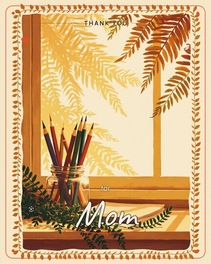 A jar of coloured pencils sits on a sunlit windowsill beside a small closed notebook, with trailing green fern fronds draped across the wood, a thankyou e-card design