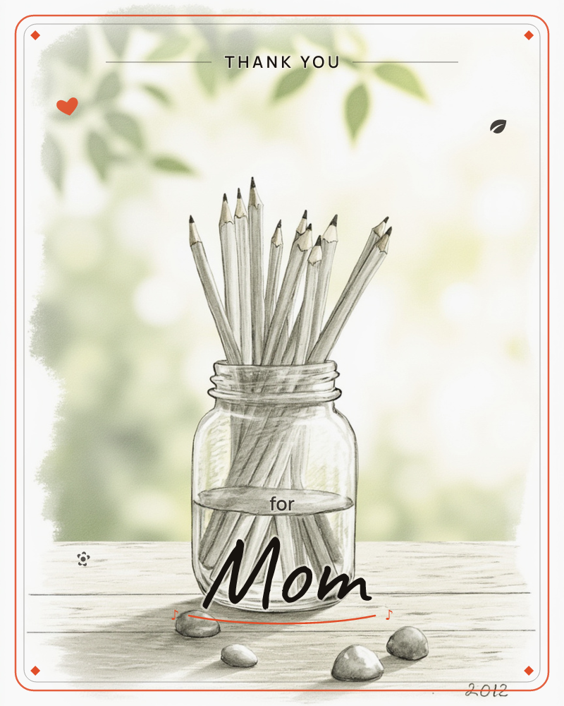 A glass mason jar holds a bundle of sharpened pencils, sitting on a wooden table with a few small pebbles scattered nearby, a thankyou e-card design