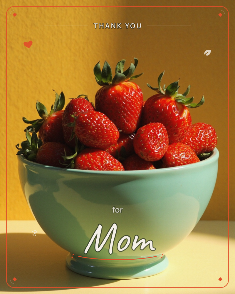 A pale mint-green ceramic bowl sits piled high with fresh strawberries, their green leafy caps still attached, glowing under warm, direct sunlight, a thankyou e-card design