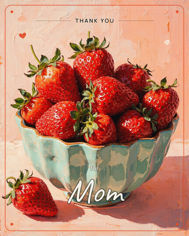 A scalloped mint-green ceramic bowl is piled high with glossy red strawberries, their green caps still attached, one strawberry set apart on the…, a thankyou e-card design
