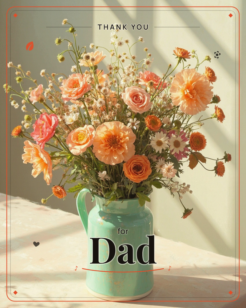 A weathered turquoise jug overflows with peach roses, coral ranunculus and sprays of tiny white wildflowers, set on a pale pink tabletop against a…, a thankyou e-card design