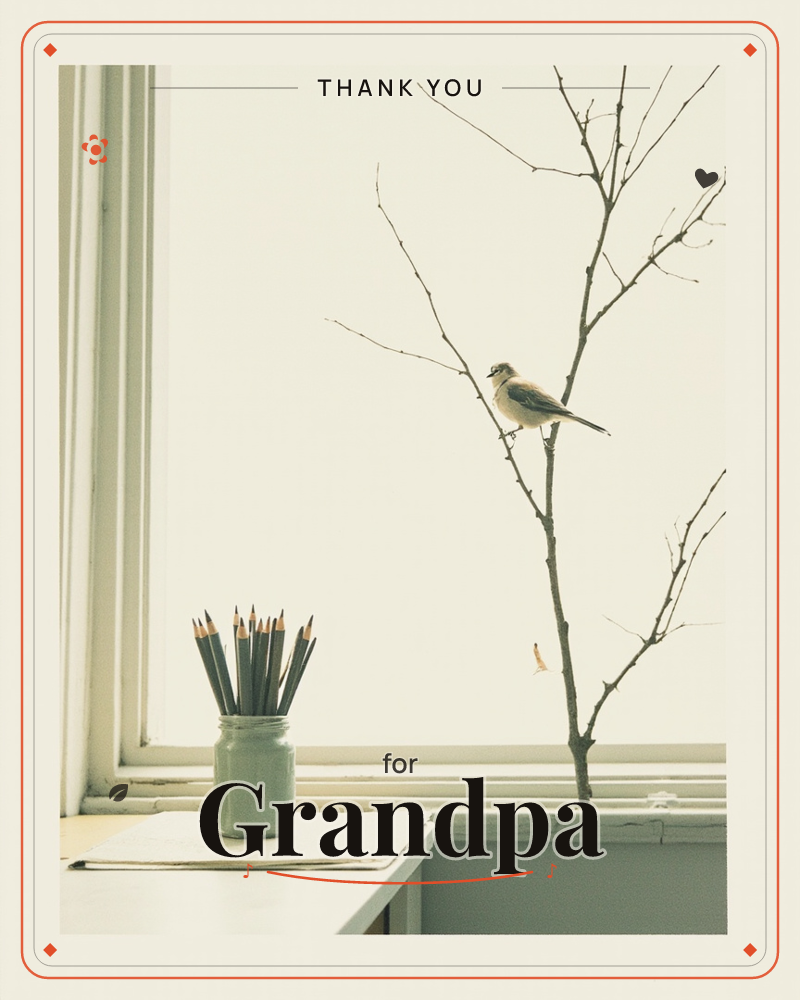 A small bird perches on a bare, branching twig just outside a window, seen from a quiet desk indoors, a thankyou e-card design