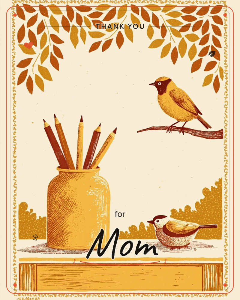 A woodblock-style print in warm amber and cream shows a jar of pencils sitting on a shelf beside two small birds, one perched on a branch and one…, a thankyou e-card design