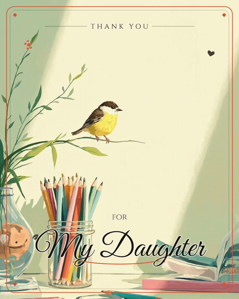 A small yellow-breasted bird perches on a leafy branch above a sunlit desk, where a jar of colored pencils and a glass vase catch the warm afternoon light, a thankyou e-card design