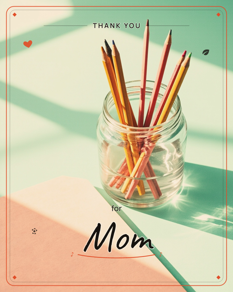 A glass jar crammed with sharpened coloured pencils sits on a mint-green surface, sunlight cutting sharp diagonal shadows across the scene, a thankyou e-card design