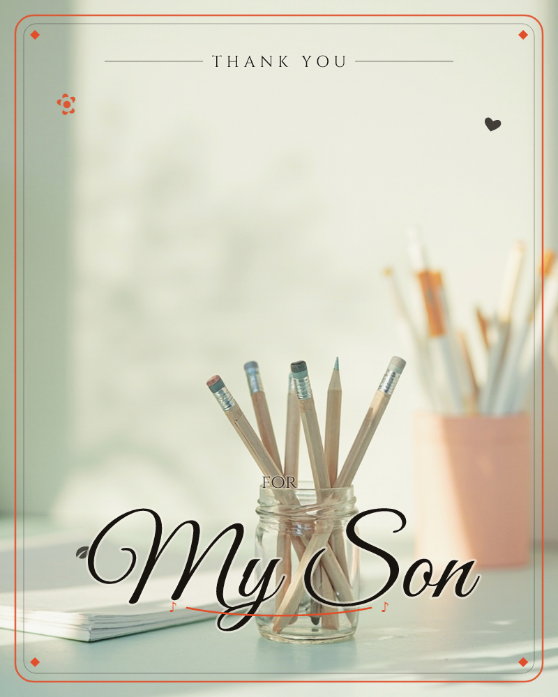 A glass jar of wooden pencils and a pink cup of paintbrushes sit on a pale desk in soft morning light, with leafy shadows falling across the wall behind, a thankyou e-card design
