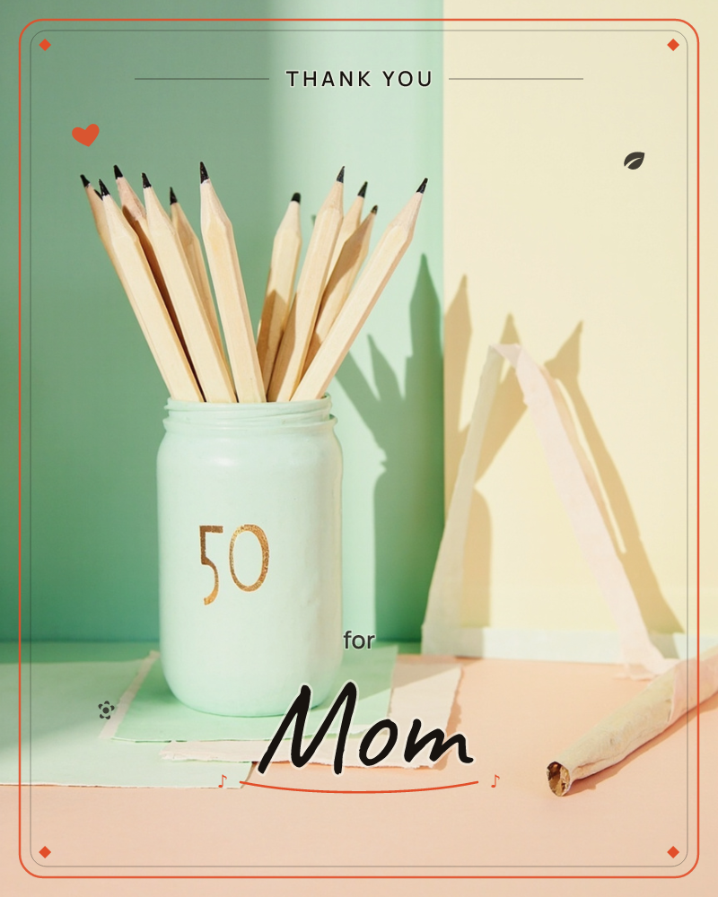 A mint-green mason jar painted with a gold '50' holds a bundle of sharpened wooden pencils, standing on layered paper squares against a mint and…, a thankyou e-card design