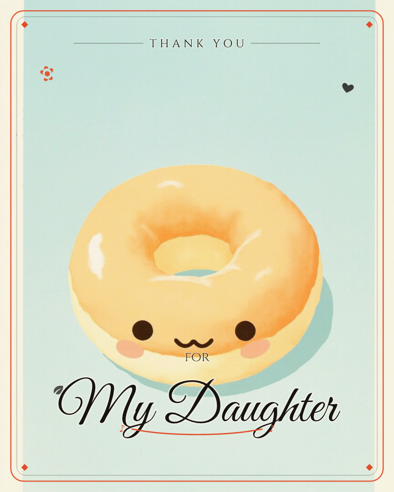 A single glazed doughnut sits centre stage against a soft mint-blue background, drawn with a sweet cartoon face, rosy cheeks and a content little smile, a thankyou e-card design