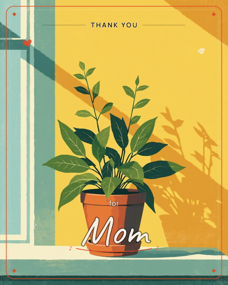 A leafy green plant sits in a terracotta pot on a sunlit windowsill, its long shadow stretching dramatically across a warm mustard-yellow wall, a thankyou e-card design