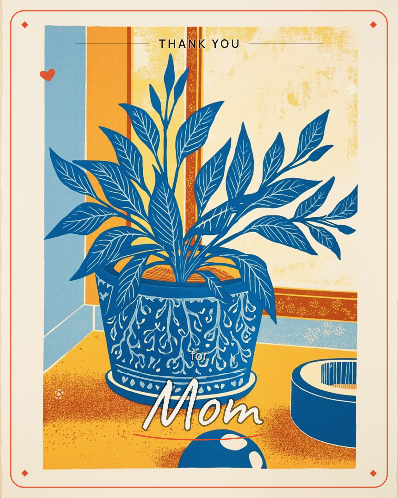 A leafy potted plant sits in a patterned blue-and-white ceramic pot on a mustard-orange floor, rendered entirely in bold navy linework against warm…, a thankyou e-card design