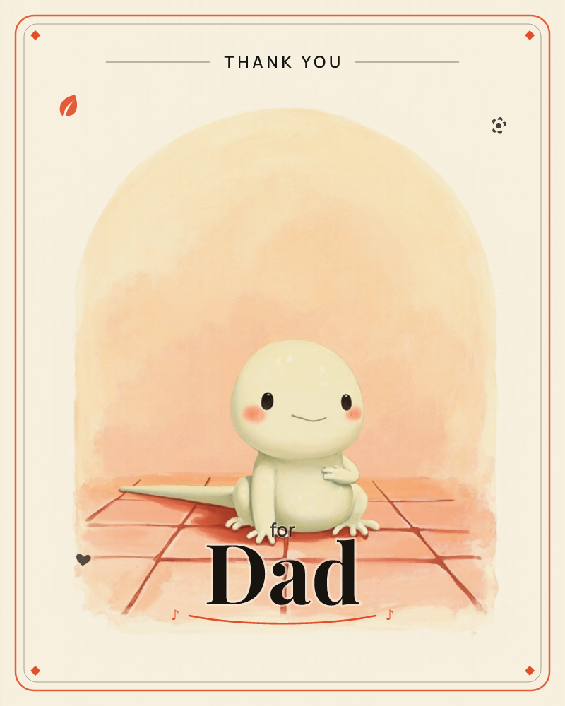 A small pale-green salamander with rosy cheeks sits contentedly on a terracotta tiled floor, framed inside a soft peach archway, a thankyou e-card design