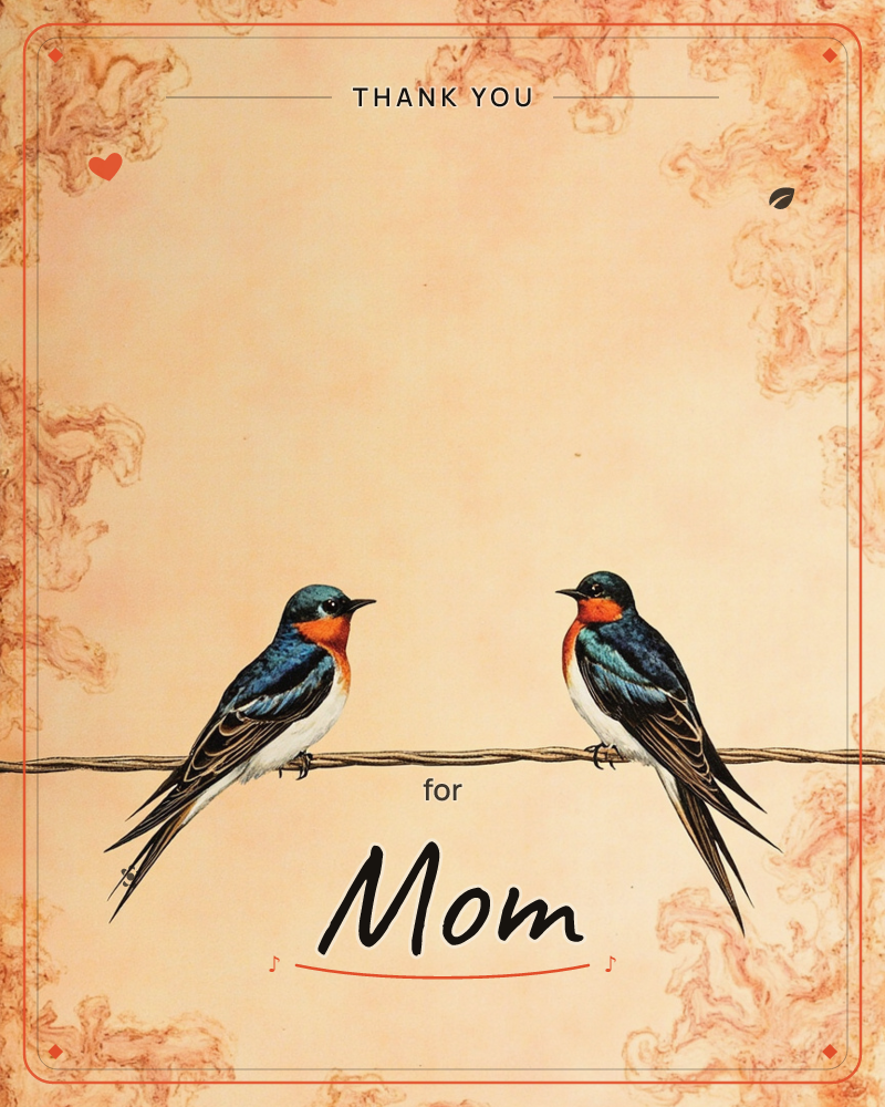 Two barn swallows with glossy blue-black backs and rust-orange throats perch facing each other on a slender wire, set against a warm peach background…, a thankyou e-card design