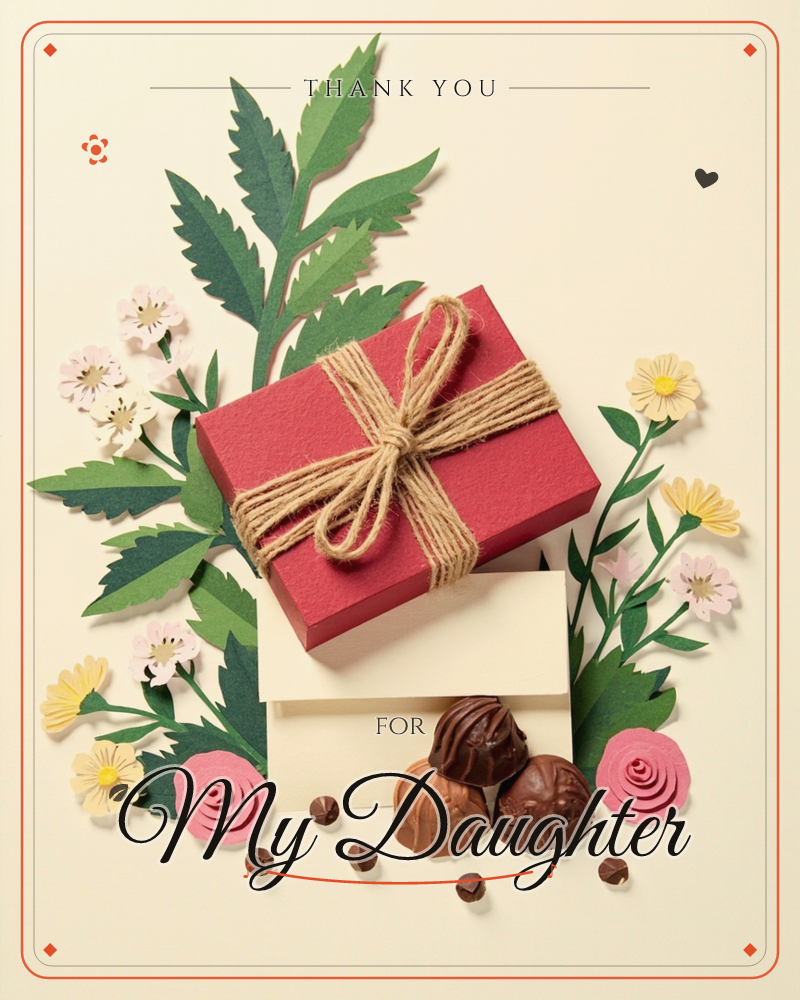 A red gift box tied with rustic twine sits atop a cream envelope, surrounded by paper-craft leaves and flowers in blush pink and soft yellow, with a…, a thankyou e-card design