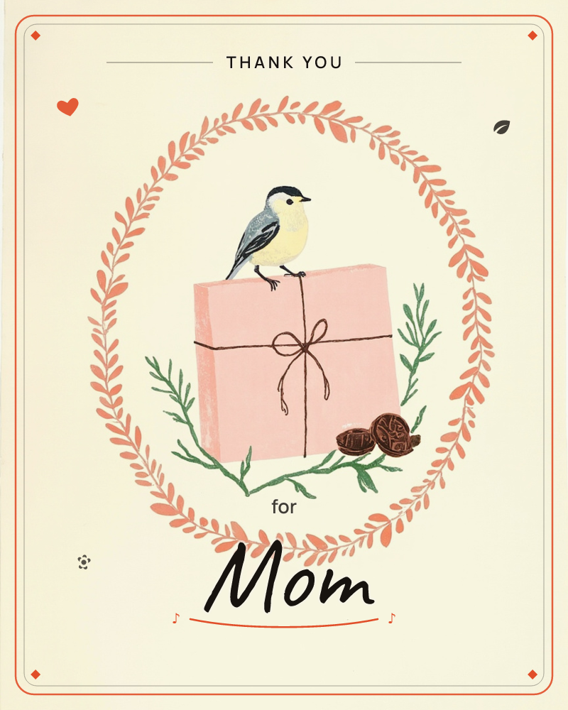 A small black-and-yellow bird perches atop a pink gift box tied with a simple bow, framed by an oval wreath of coral-colored leafy sprigs on a cream…, a thankyou e-card design