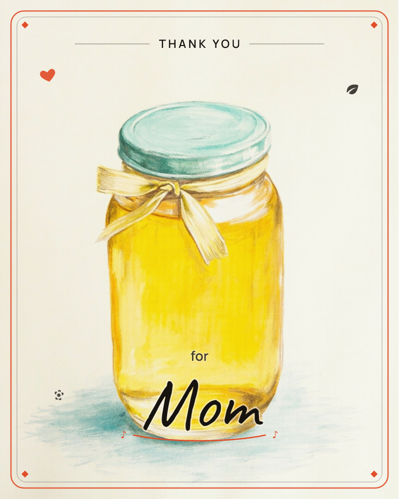 A single glass jar of golden honey sits against a plain cream background, its pale blue lid tied with a raffia-style bow, a thankyou e-card design
