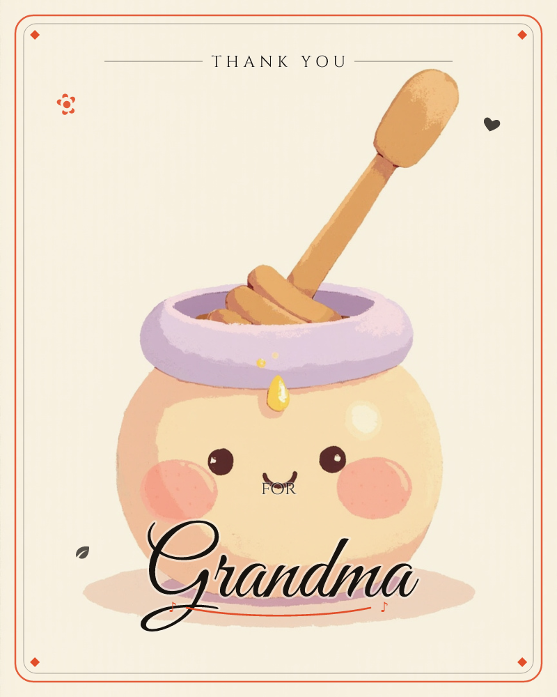 A round honey pot with a cheerful smiling face and rosy cheeks sits against a soft cream background, its lavender rim holding a wooden honey dipper…, a thankyou e-card design