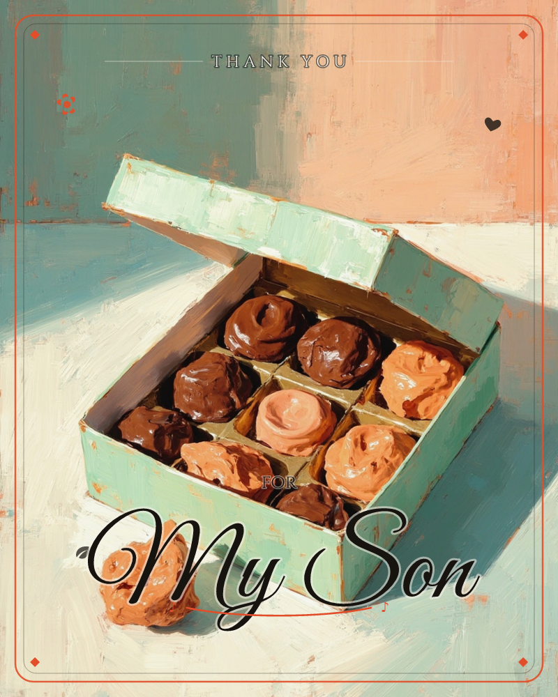A pale mint-green box sits open on a cream tabletop, its lid tipped back to reveal nine glazed doughnut holes in neat rows of chocolate and caramel glaze, a thankyou e-card design