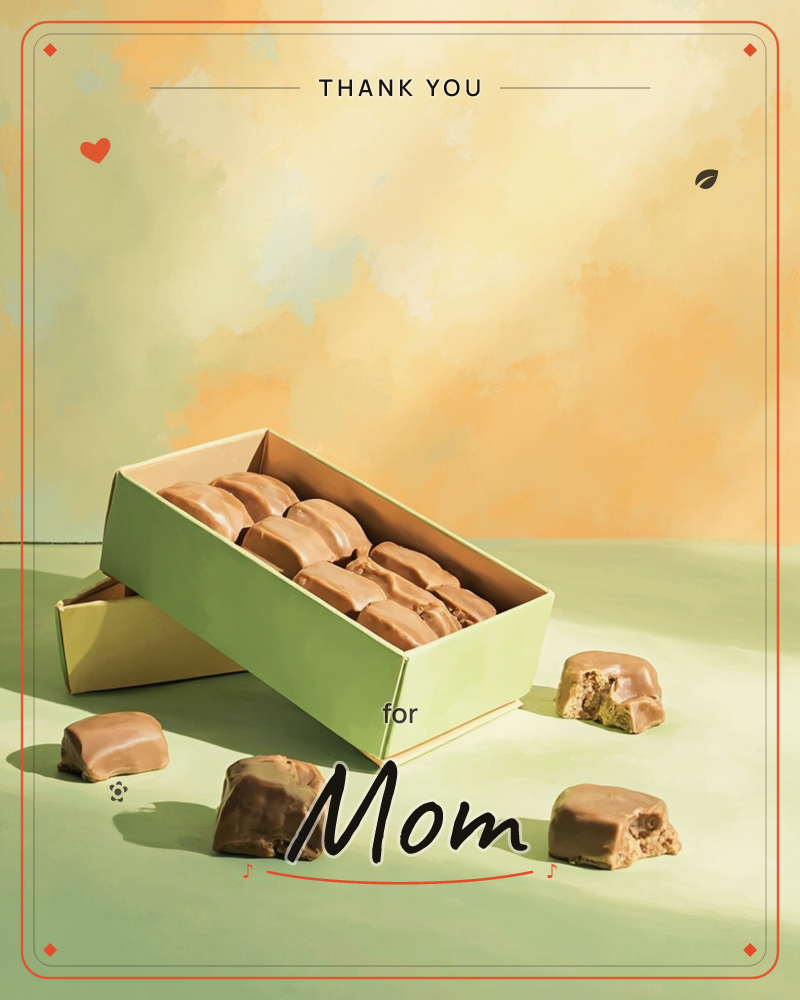 An open green box lies tilted on a pale green surface, packed with rows of soft caramel toffees, a thankyou e-card design