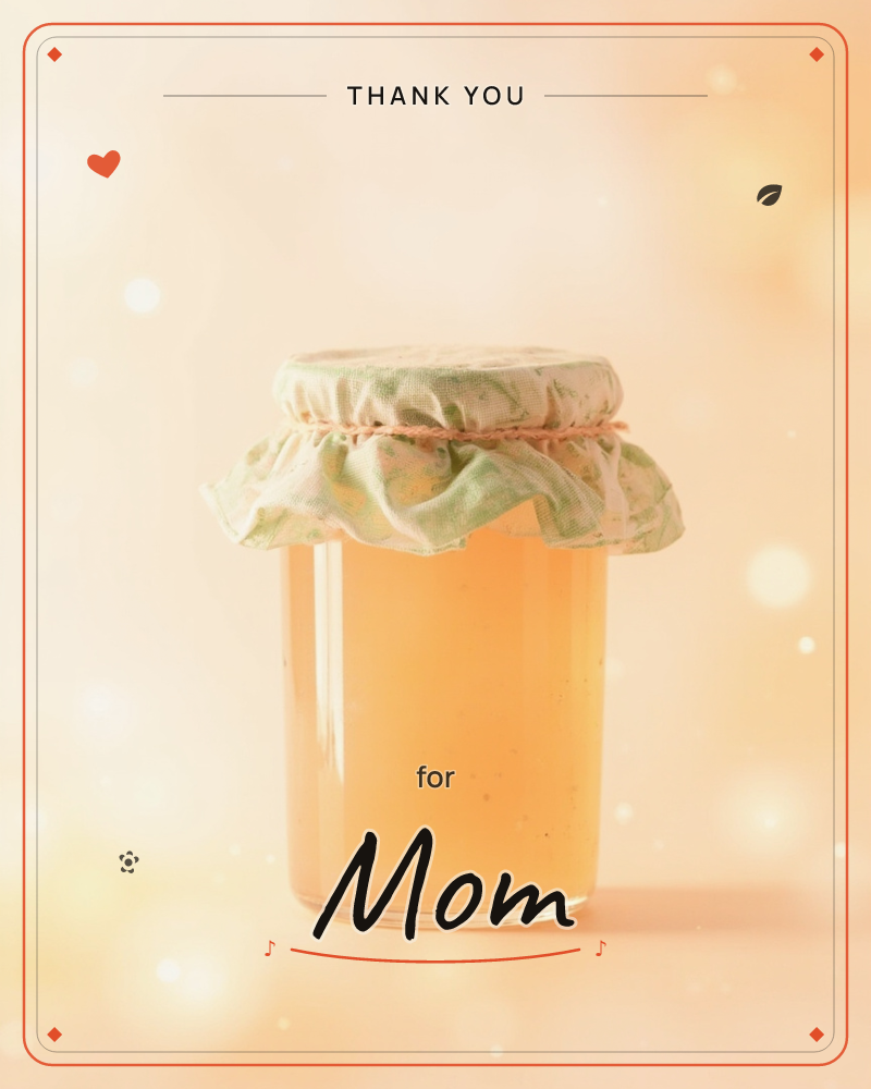 A glass jar of golden honey stands centred against a soft peach backdrop, its lid covered with a floral fabric cinched by twine, a thankyou e-card design