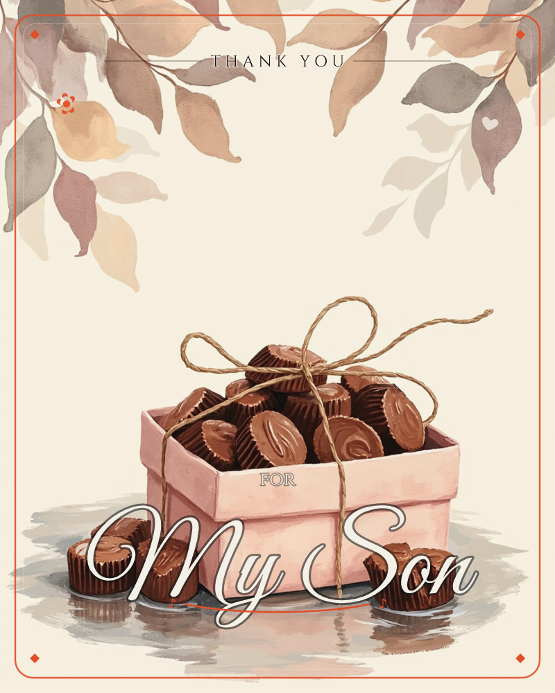 A pink box brimming with chocolate cups sits tied with twine in a soft bow, a few pieces spilling out onto the surface below, a thankyou e-card design