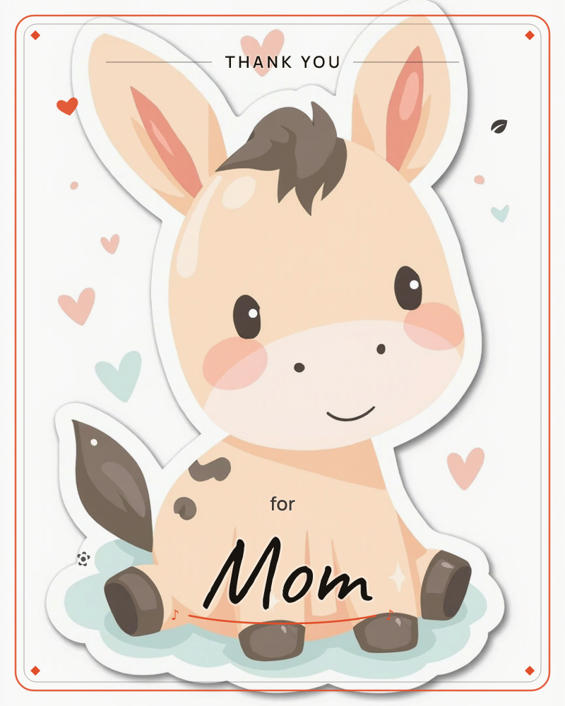 A round-cheeked baby donkey sits with its hooves tucked forward against a plain white background, tiny pink and mint hearts floating around its tall ears, a thankyou e-card design