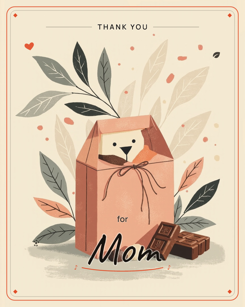 A pink cardboard gable box tied shut with a slim string sits against a backdrop of oversized botanical leaves in muted sage, cream and dusty coral, a thankyou e-card design