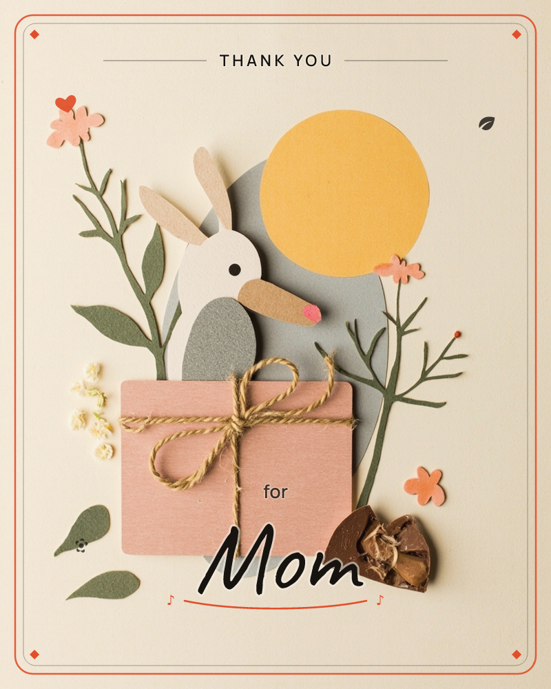 A paper-cut rabbit peers out from behind a wrapped pink parcel tied with twine, set against a mustard-yellow circle and grey oval like a rising moon, a thankyou e-card design