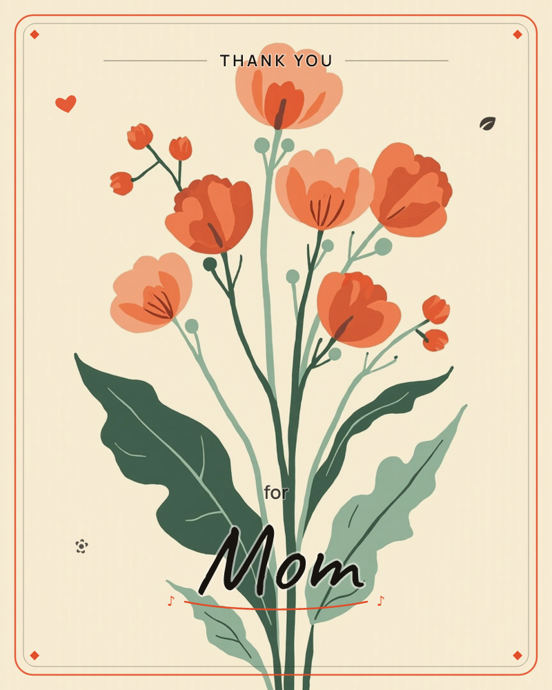 A single stem of poppy-like blooms rises against a warm cream background, cup-shaped flowers in coral and burnt orange opening beside tight unopened buds, a thankyou e-card design