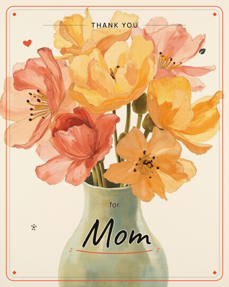 A painted bouquet of poppies in shades of coral, peach and warm yellow spills from a soft sage-green vase, set against a plain cream background, a thankyou e-card design