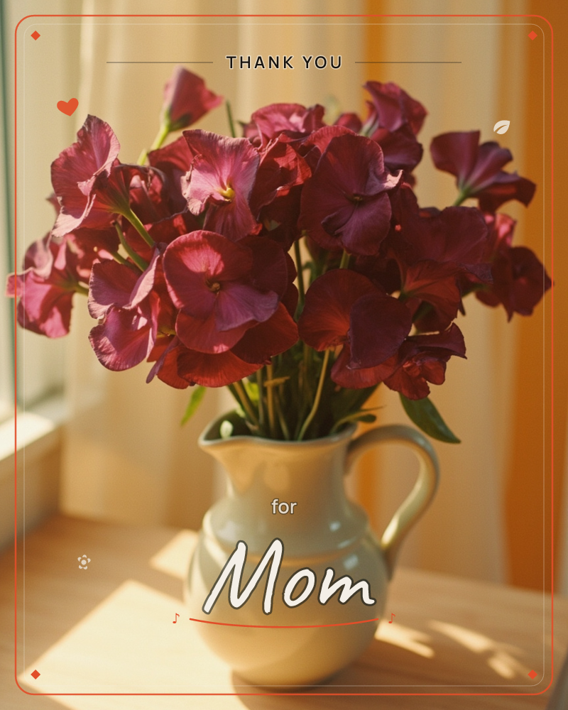 A cream ceramic pitcher overflows with deep burgundy sweet pea blossoms, set on a wooden windowsill in warm afternoon light, a thankyou e-card design