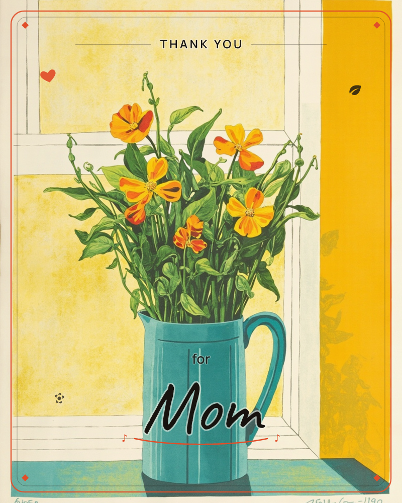 A teal jug crowded with orange and yellow cosmos flowers sits on a windowsill, its green stems and leaves spilling outward against a mustard-yellow…, a thankyou e-card design