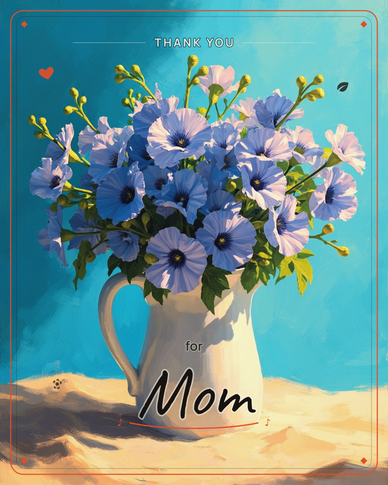 A white ceramic pitcher overflows with periwinkle-blue blooms and yellow-green buds, set against a bright turquoise backdrop, a thankyou e-card design