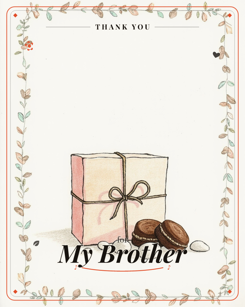 A small wrapped box in soft pink and cream sits tied with plain twine string, next to two chocolate sandwich cookies and a scatter of pale round sweets, a thankyou e-card design