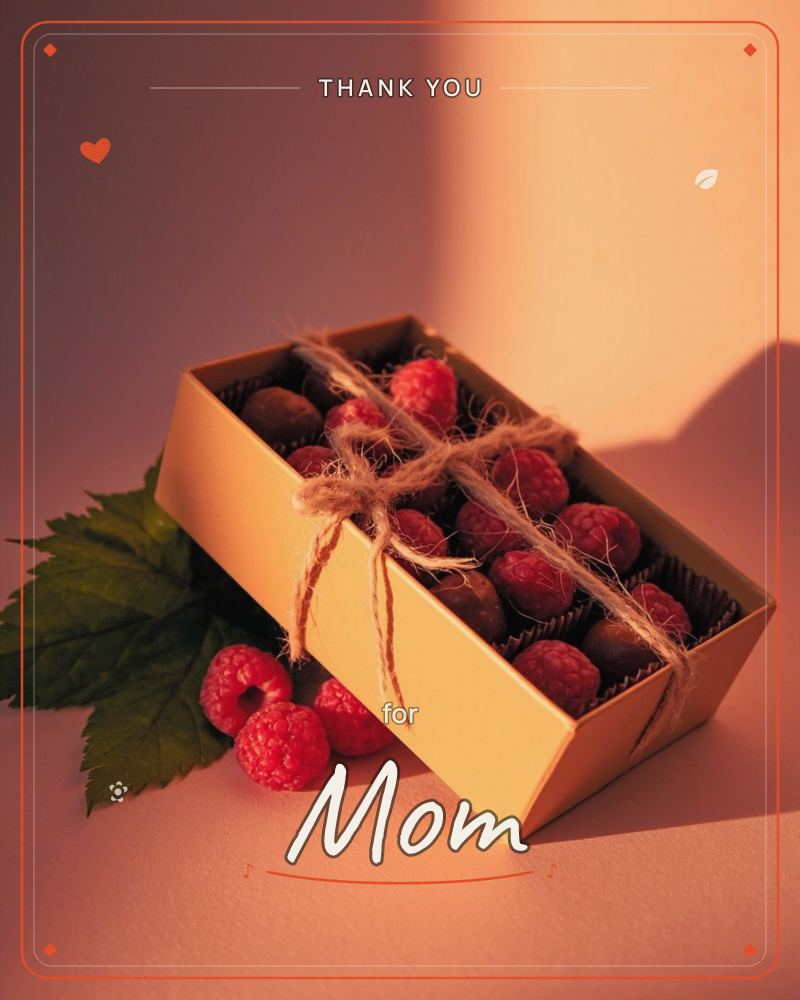 A small kraft-paper box tied with twine sits open to reveal rows of fresh raspberries nestled in dark paper cups, with two loose berries and a leaf…, a thankyou e-card design
