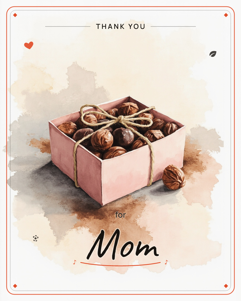 A pale pink box sits open on a softly blurred watercolour ground, tied with rustic twine in a loose bow, a thankyou e-card design