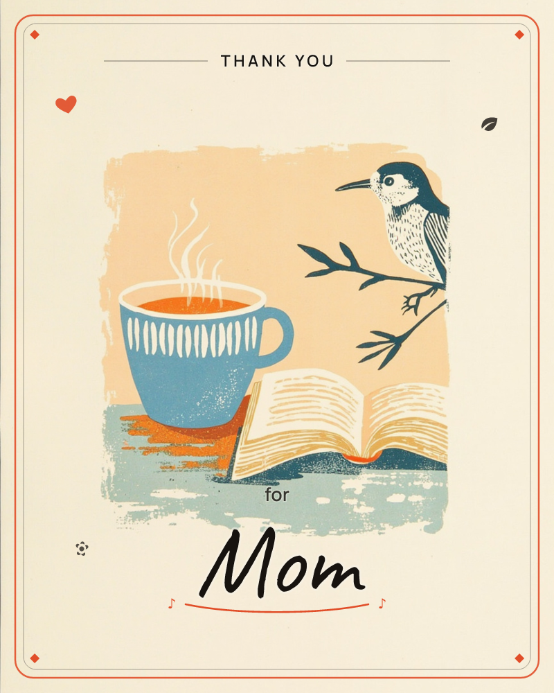 A steaming blue mug patterned with cream leaves sits beside an open book on a weathered blue-grey surface, while a small chickadee perches on a bare…, a thankyou e-card design